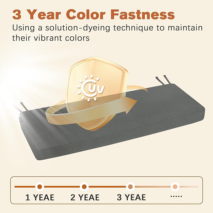 Favoyard Outdoor Bench Cushion 48 x 16 Inch Rainproof Patio Furniture Cushions 3-Year Color Fastness Garden Settee Porch Pads with Ties, Dark Gray