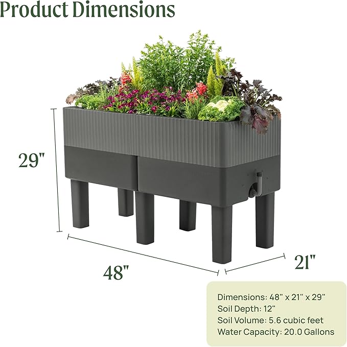 Vego garden EZCube Self Watering Planter Box with Legs, 29" Elevated Raised Garden Bed with Water Gauge for Patio, Backyard 21" x 48" Fog Gray