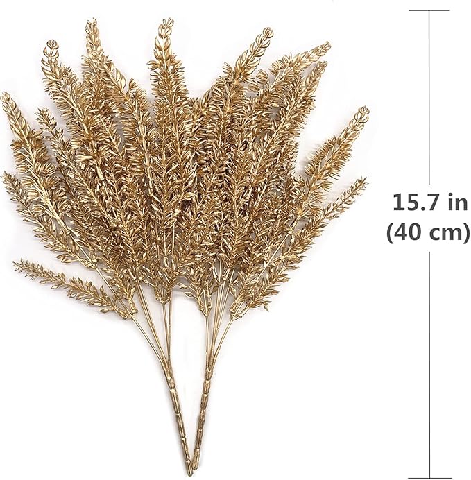 CATTREE Artificial Plants for Christmas Decoration, Plastic Grass Faux Shrubs Fake Lavender Leaves Simulation Wheat Ears Bushes Home Indoor Garden Wedding Hall Table Planter Filler - Gold 2 Pcs