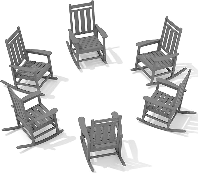 KINGYES Oversized Outdoor Rocking Chair Set of 6, All-Weather Patio Rocking Chairs for Porch, HDPE Outdoor Patio Rockers with High Back & Wide Seat for Garden, Lawn, Gray