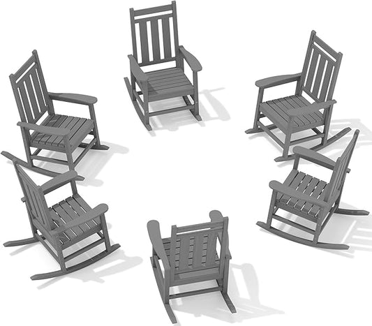 KINGYES Oversized Outdoor Rocking Chair Set of 6, All-Weather Patio Rocking Chairs for Porch, HDPE Outdoor Patio Rockers with High Back & Wide Seat for Garden, Lawn, Gray