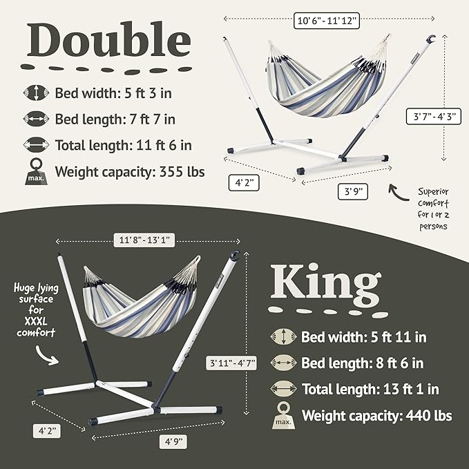 LA SIESTA® - XL King Brisa Classic Hammock & Nautico Steel Stand - Weather & Tear Resistant - Portable, Family Hammock w/Stand - Balcony Porch Garden Outdoor Indoor Hammock - Max 440 Lbs, Sea Salt