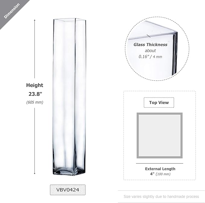 WGV Tall Square Vase Glass Block, Length 4", Height 24", Clear Floral Container, Masterpiece, Planter Terrarium for Wedding Party Event, Home Office Decor, 1 Piece