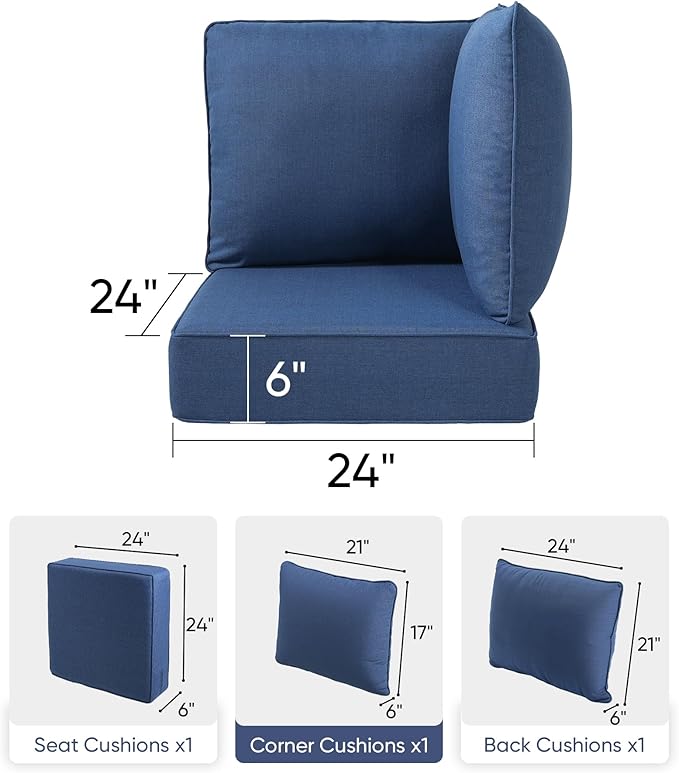 Luxury 24x24x6 Outdoor Corner Cushion 1 Set - Water-Repellent 3-Piece Cushion Set with Zipper for Outside Wicker Sofa Loveseat Chair Sectional Patio Conversation Sets - Navy Blue/Classic