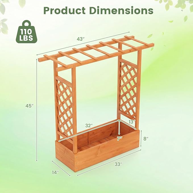 Raised Garden Bed with Trellis, Wood Planter Box w/Trellis, Hanging Roof, Drainage Holes, Freestanding Planter Raised Bed for Outdoor Climbing Plants Flowers, Patio Yard Balcony (2, Orange)