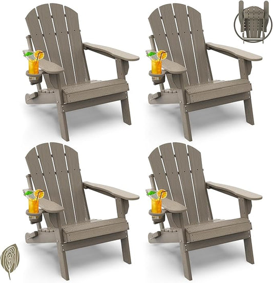 GREENVINES Folding-Adirondack-Chair-Set-of-4 | Wood Grain | HDPE Plastic | Fire Pit Chairs | All Weather | Cup Holder | Desert Brown | for Deck Backyard Patio Outdoor