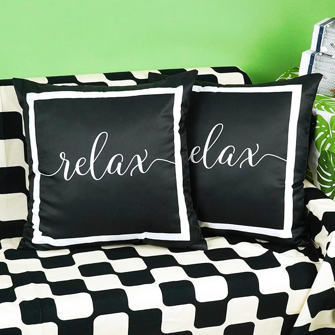 ONWAY Outdoor Waterproof Throw Pillow Covers 20x20 Set of 2 Black and White Relax Decorative Pillowcase for Patio Furniture