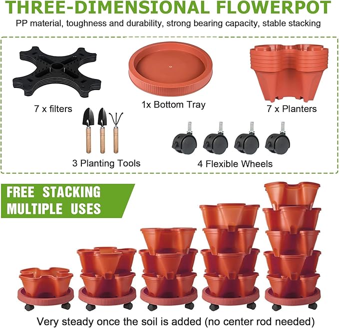 Vertical Strawberry Planter 7 Tier Stackable Tower Herb Planters Stacking Outdoor Garden Red Planters Pot with Tools Mover for Growing Flowers, Vegetables and Succulents