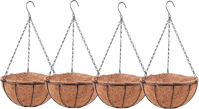 LaLaGreen Hanging Baskets for Plant Outdoor (20 Inch, 4 Pack) Extra Large Black Metal Wire Hanging Planter with Coco Liner Round Flower Pot Holder Hanger Deck Porch Modern Garden Balcony Country Decor