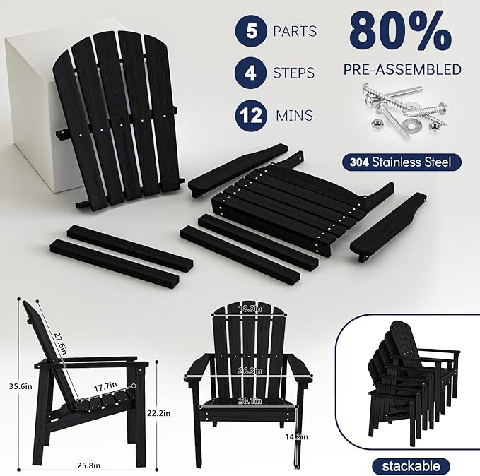 nevilywood Compact Stackable Adirondack Chairs Set of 4, 26.3" Wide HDPE Outdoor Patio Chairs - Durable, Space-Saving Design for Porch, Lawn or Garden, Black