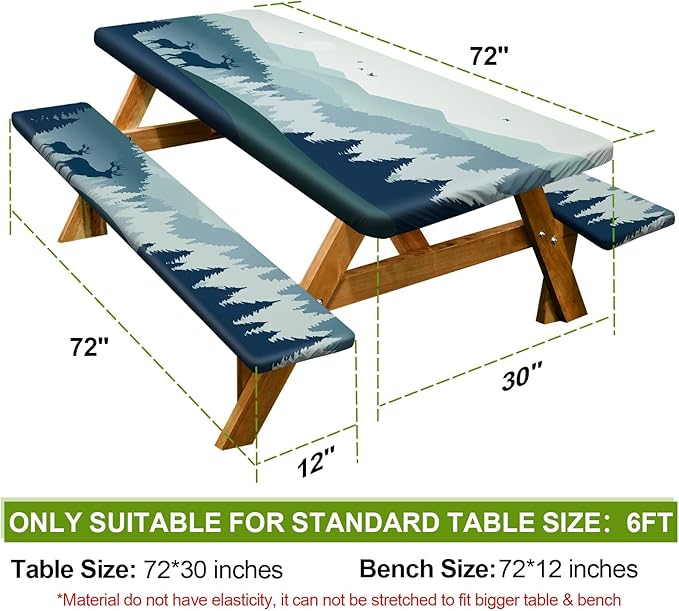 Picnic Table Cover with Bench Covers 6FT 3 Pcs Waterproof Windproof Aesthetic Camping Tablecloth with Drawstring Bag, Fitted for 6 Foot Rectangle Tables and Seats, 72 inch, Blue Deer Forest