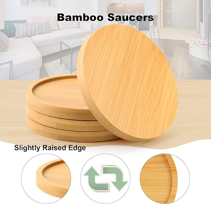 Cosmos 4 Pcs Bamboo Plant Saucer Succulent Pot Holder Drainage Tray with Raised Edge for 3.5 Inch Small Plant Flower Pots (Round Shape)