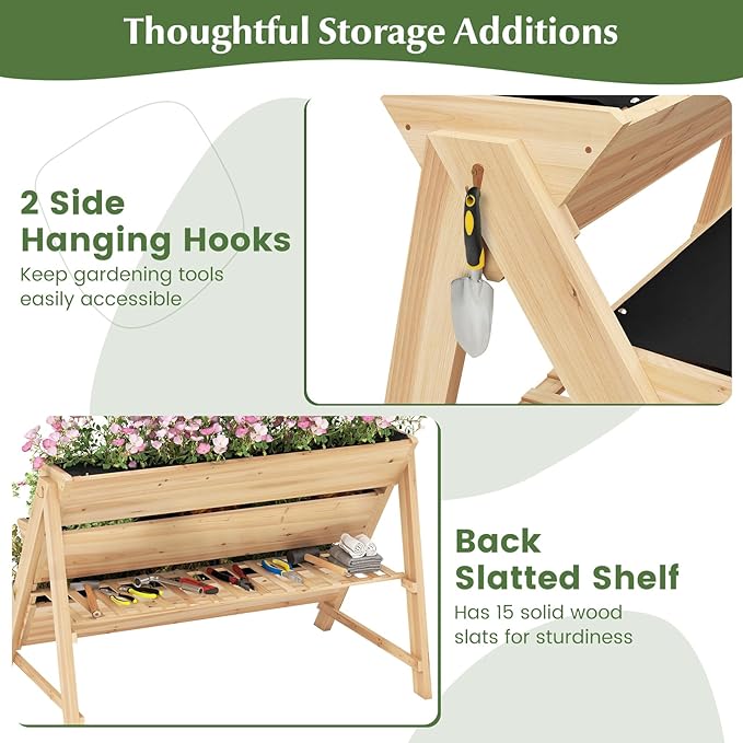 3-Tier Raised Garden Bed, Vertical Garden Planter w/Storage Shelf, Bed Liner & 2 Side Hooks, Wood Elevated Planter Box Outdoor for Plants Vegetables Flowers Herbs,Natural