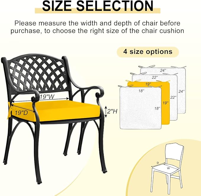 downluxe Waterproof Outdoor Chair Cushions for Patio Furniture, 19" x 19" x 2" Patio Chair Cushion with Adjustable Ties & Portable Handle, Square Outdoor Cushion with Removable Cover, Yellow, 2 Pack