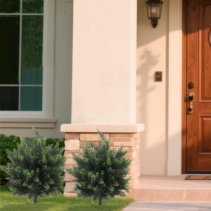 26.1inch Artificial Topiary Tree Set of 2 Beautiful Realistic Faux Cedar Pines Christmas Trees UV Rated Fake Shrubs for Front Porch Faux Plants Indoor and Outdoor Decor