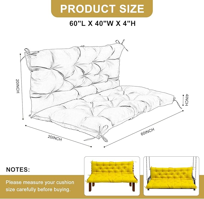 60" Porch Swing Cushion with Backrest, Waterproof Outdoor Bench Swing Cushions 3 Seater Replacement Thickened Swing Cushions with Ties for Patio Garden Backyard,Yellow,60x40in