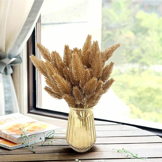 CATTREE Artificial Gold Leaves Plants Plastic Fake Grass Faux Shrubs Simulation Bushes Home Indoor Outdoor Garden Leaf Wedding Festival Decoration Hall Table Planter Filler – Golden Pinecone 2 Pack