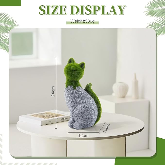 Cat Garden Statue with Flocked Animal Figurines Faux Green Covered Stones for Outdoor Decor, Perfect for Garden Statues and Figurines Outdoors
