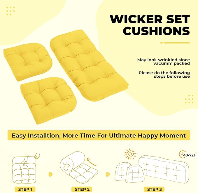 Wicker Chair Cushions, Waterproof Outdoor Loveseat Cushions for Patio Furniture, Tufted Wicker Furniture Cushions, 1 Loveseat and 2 U-Shaped Cushions, Yellow
