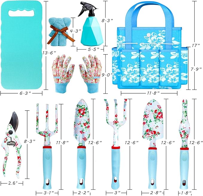 11 Piece Heavy Duty Floral Garden Tool Set Garden Gifts for Women Men Birthday Rust-Proof Aluminum Garden Hand Tools Gardening Kit with Storage Tote Bag Organizer.
