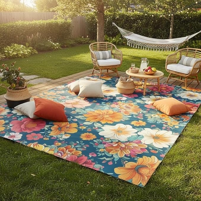 Retro Floral Textured Waterproof Outdoor Area Rug for Patio Deck Porch Balcony Garden Navy Blue Red Orange Washable Outside Large Thin Carpet 5x7 Farmhouse Entrance Hallway Non Slip Quick Dry Mat