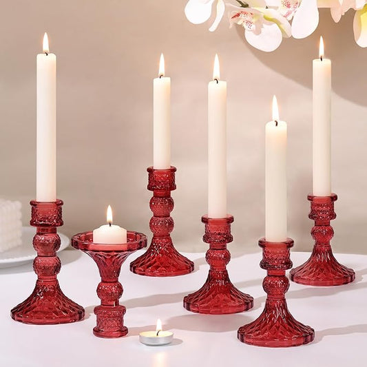 DARJEN Red Glass Candlestick Holders Set of 6, 4" H & 5" H Taper Candle Holders for Candlesticks & Pillar Candles, Diamond Candle Holders for Wedding Party Table Centerpiece, Home Decor