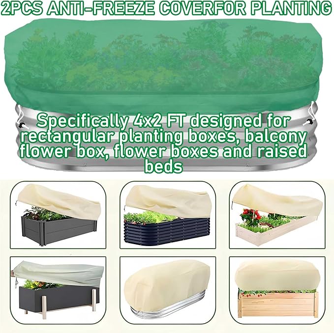 Plant Covers Freeze Protection 2 Pack Rectangular Planter Frost Fabric for Raised Beds with Drawstring 2.82oz/yd² Reusable Raised Beds Frost Cloth for Winter Outdoor Plants (Green,for Cover a 4x2x1ft)