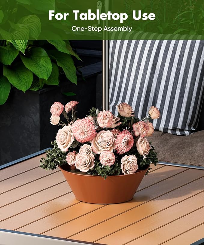 Koutemie 2-in-1 Umbrella Planter for Patio Table & Pole, Half Round Flower Planters Pots with Umbrella Hole Fits Poles Up to 2” Diameter, PVC Post Planter Wrap Around Umbrella for Garden, Brown