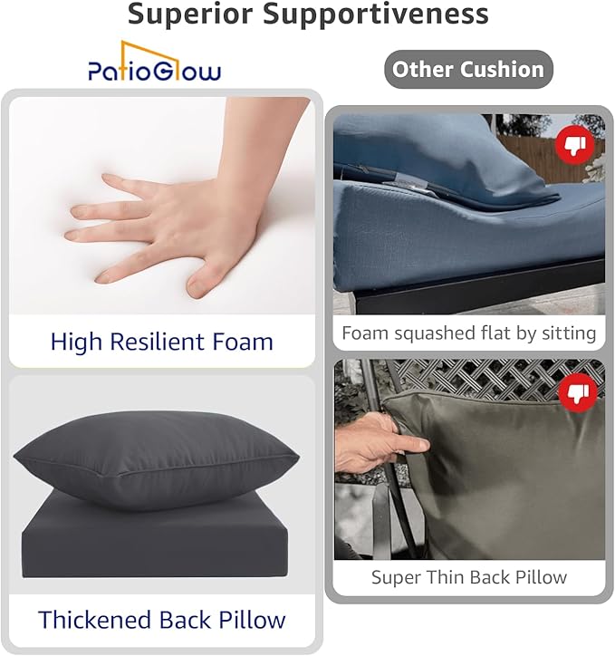 Outdoor Seat Cushion Set 22 x 22 x 4 Inch, Waterproof & Fade Resistant Patio Furniture Cushions with Removable Cover and Ties, Thick Deep Seating Pads for Outside Chair Sofa Couch, Grey