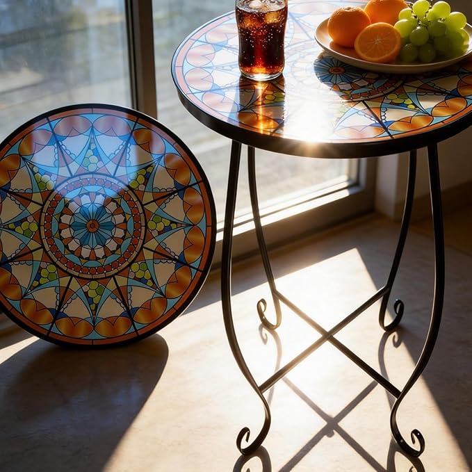 Mosaic Outdoor Side Table Round, 15 Inch Height - Small Patio Table, Foldable Sun Pattern Metal Plant Stand for Garden, Balcony, Porch & Camping (Mosaic Sun)