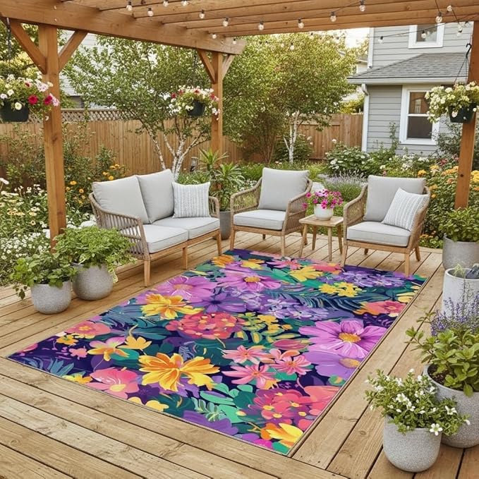 Vibrant Floral Outdoor Rug 10x14 Modern Washable Outdoor Area Rug for Patio Porch Deck Balcony Courtyard Tropical Boho Purple Pink Yellow Flowers Carpet Waterproof Durable Backyard Garden Large Rugs