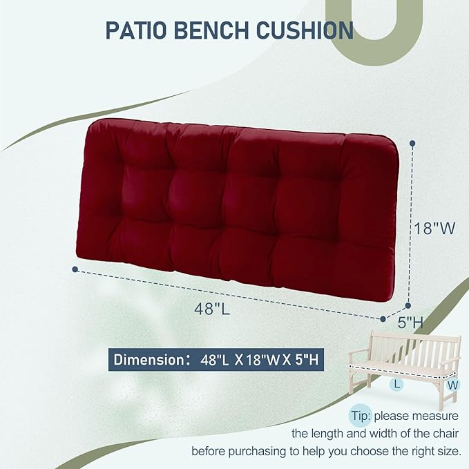 downluxe Outdoor Bench Cushion for Patio Furniture, Waterproof Tufted Overstuffed Porch Swing Cushions, Thick Outdoor Loveseat Cushions, 48" X 18" X 5", Burgundy, Set of 1