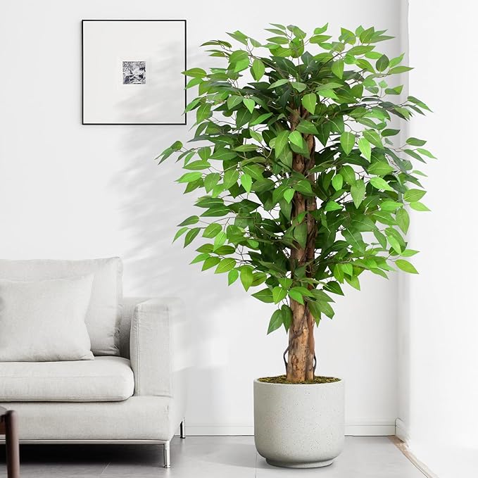 4ft Ficus Artificial Trees with Natural Curved Trunks, 48" Tall Lush Faux Tree for Home Decor Indoor, Green Lifelike Fake Ficus Tree Artificial Plants (Set of 2)