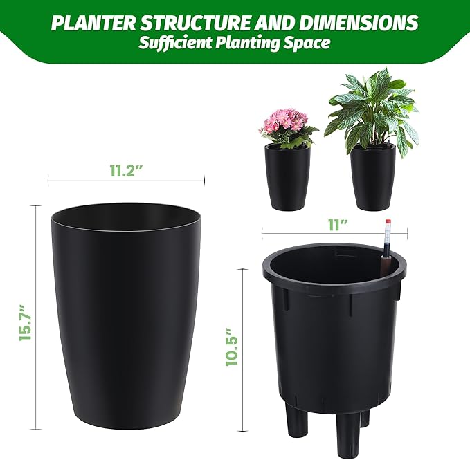 16" Tall Planter Set of 2, Outdoor Planter with Built-in Drainage and Water Level Gauge, Self Watering Planters for Garden, Patio, Balcony, Lounge, Black