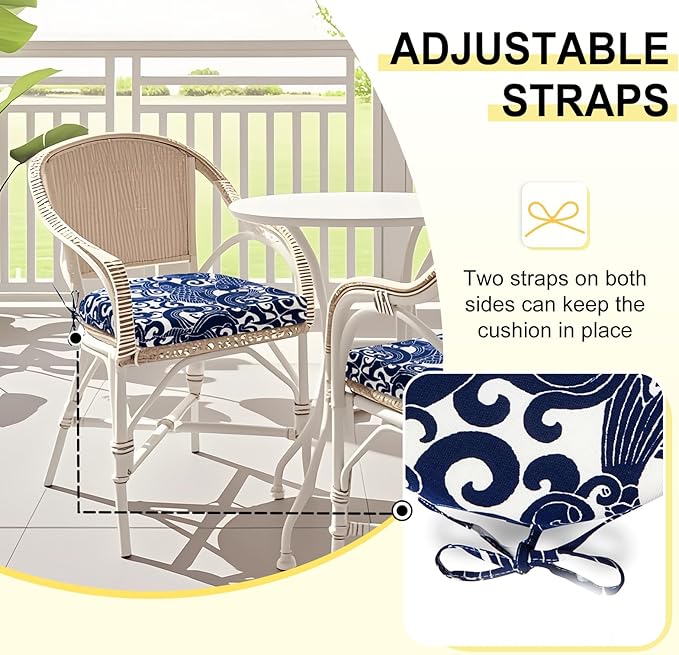 downluxe Outdoor Chair Cushions Set of 2 for Patio Furniture, Water-Resistant Patio Chair Cushions with Ties, High Density Foam Outdoor Seat Cushion, 17" X 16" X 2", Blue Carp