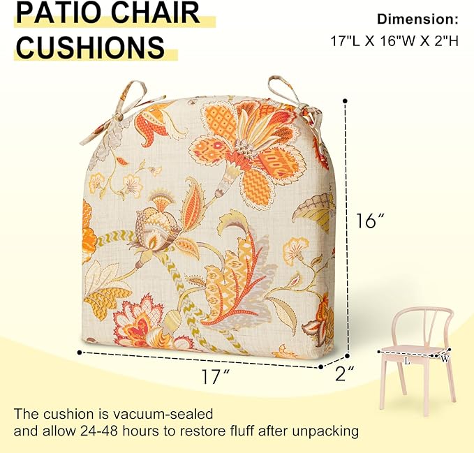 downluxe Outdoor Chair Cushions Set of 4 for Patio Furniture, Water-Resistant Patio Chair Cushions with Ties, High Density Foam Outdoor Seat Cushion, 17" X 16" X 2", Eva Floral