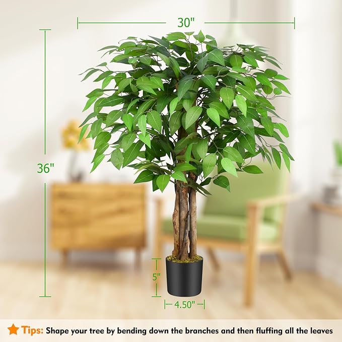 3ft Ficus Artificial Trees with Natural Curved Trunks, 36" Tall Lush Faux Tree for Home Decor Indoor, Green Lifelike Fake Ficus Tree Artificial Plants(Set of 2)