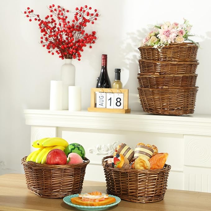 Barydat 6 Pcs Small Wicker Picnic Basket with Handle Flower Girl Baskets Oval Willow Woven Braided Gift Basket for Easter Weddings Baby Shower Home Garden Decor (Brown,12'' x 9'' x 5'')