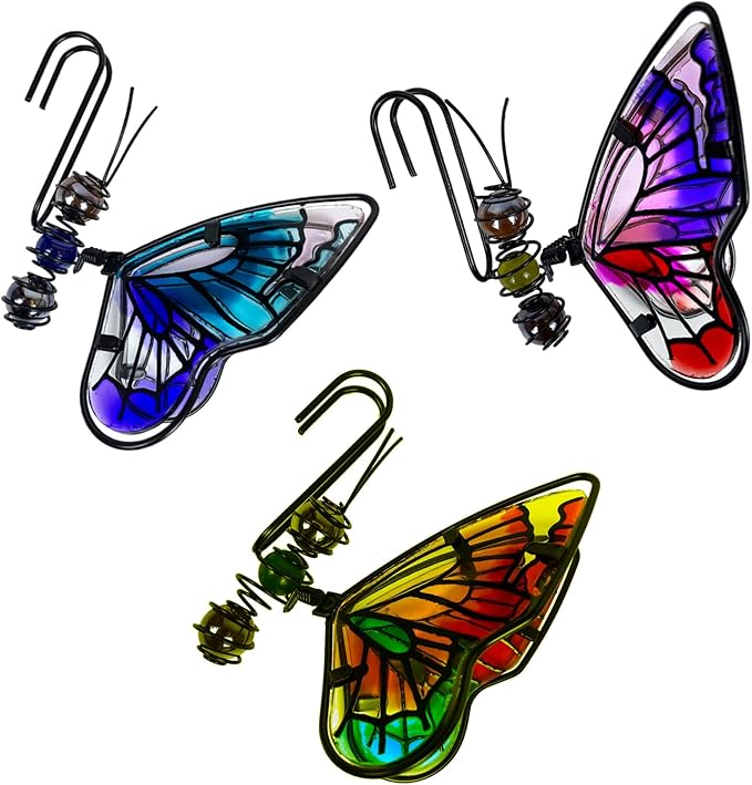 3Pcs Iron Glass Butterfly Garden Decor, Painted Hanging Butterfly Figurines Ornaments, Outdoor Flower Pot Plant Pot Hanger Pendant for Garden Yard Decoration