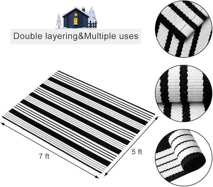 OJIA Outdoor Rug 5'x7' Patio Rug, Machine Washable Black and White Outdoor Rug Cotton Woven Area Rug Living Room Rug Farmhouse Indoor Carpet for Front Door/Porch/Deck/Backyard/Balcony Decor