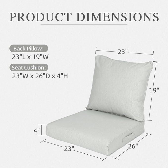 Aoodor 23" x 26" Patio Deep Seat Cushion Set, Water Resistant & Fade Resistant Outdoor Furniture Cushions with Adjustable Straps for Patio, Deck, Garden, Set of 2, Grey