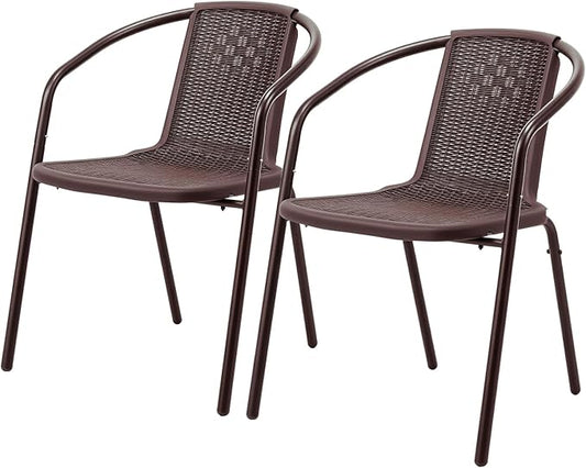 VINGLI PE Rattan Outdoor Dining Chairs Set of 2, Plastic Stackable Patio Chairs for Indoor, Porch, Restaurant, Garden, Brown
