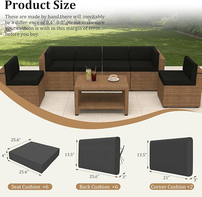 14 Pcs Outdoor Replacement Cushions for Patio Furniture, All Weather Water Resistant Cushion for 6 Seat Rattan Wicker Sectional Patio Conversation Sets and Couch (Black)