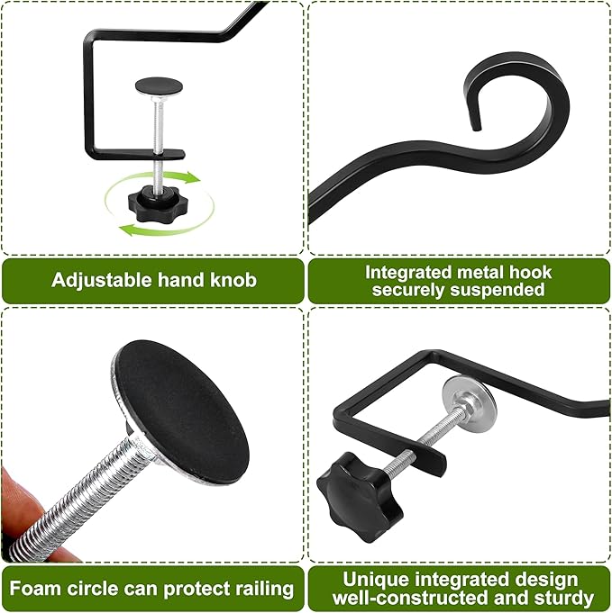 Adnee 4 Pcs Deck Bird Feeder Hanger for Railing-12.5 Inch Deck Railing Plant Hanger with Non Slip Clamp-Deck Rail Planter Hooks for Suet Baskets,Lanterns,Wind Chimes