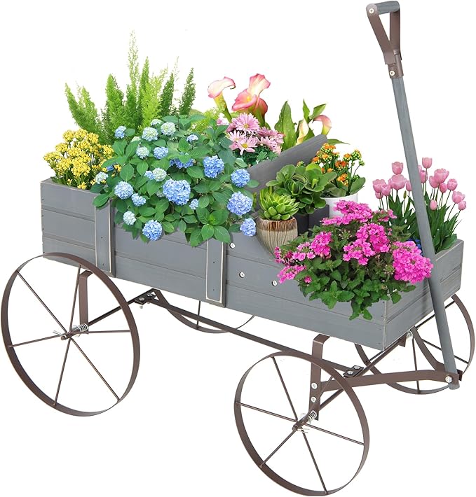 HAPPYGRILL Wooden Wagon Planter, 24.5” x 13.5” x 24” Decorative Garden Planter w/ 2 Planting Sections, Wheels, Handle, Small Decorated Cart, Flower Planter Box for Indoor Outdoor Patio (Grey)