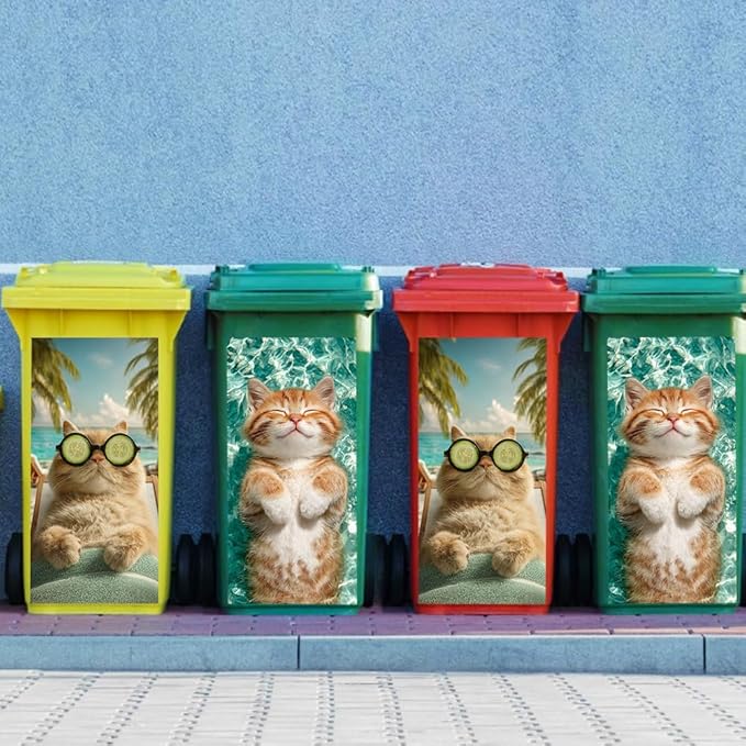 2PC Trash Can Sticker 14.57 x 32.28 Inch Relaxing Cat Design Summer Beach Theme Decorative Garbage Bin Cover Outdoor Trash Can Decal Art for Home Yard Garden Holiday Decoration