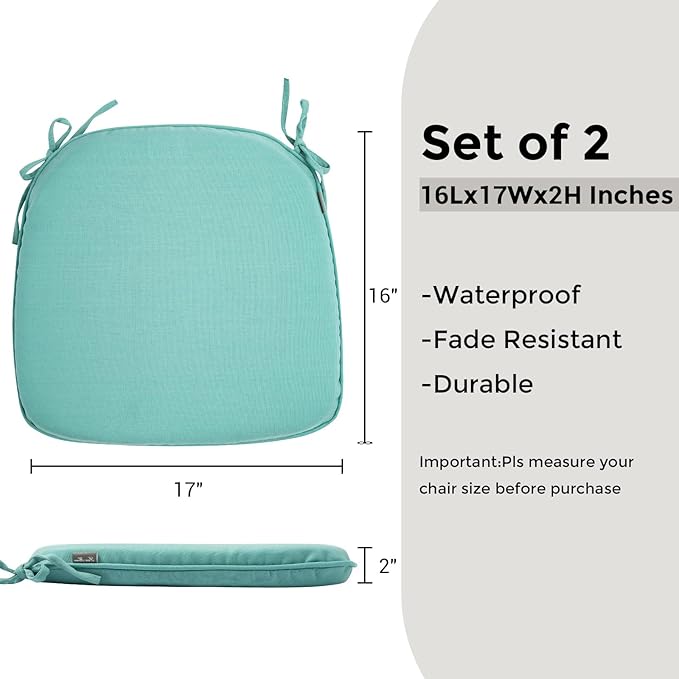 Outdoor Chair Cushions Set of 2,Patio Seat Cushion 17"x16"x2",U-Shaped Dining Chair Cushion 17 by 16 Inch,Water Resistant,Fade-Resistant Chair Pads for Kitchen Garden Furniture(Light Turquoise)