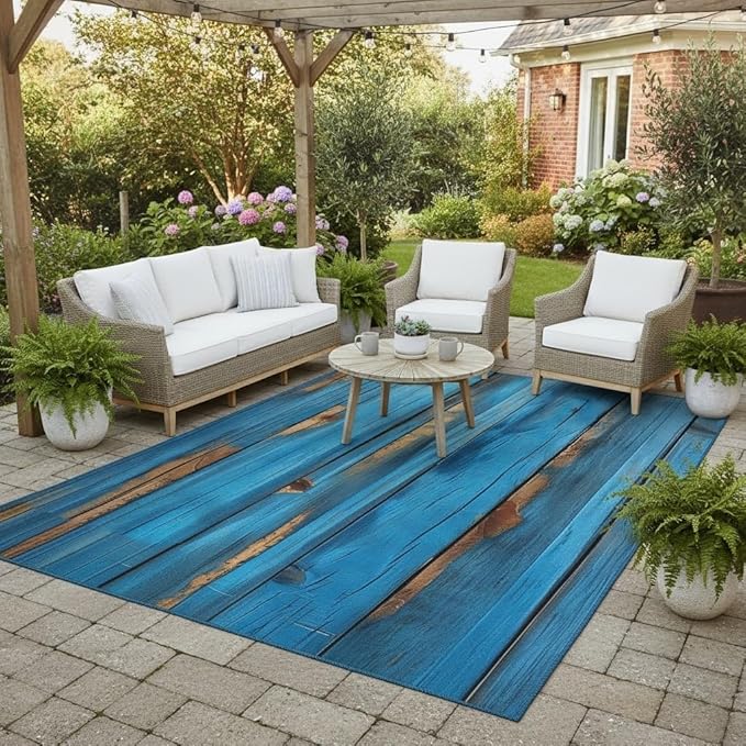 Retro Blue Woodern Board Printed 3x5 Outdoor Rugs for Patio Deck Backyard Porch Garden Modern Natural Rustic Wood Grain Non Slip Thin Indoor Outdoor Area Rug Floor Carpet Waterproof Camping Mats