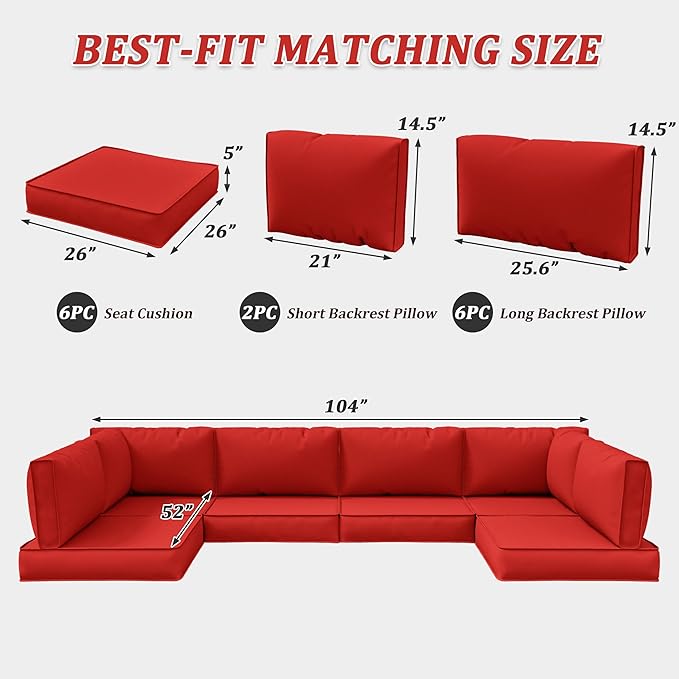 14-Piece Outdoor Cushions for Patio Furniture Thick Outdoor Chair Cushions 5" Foam High-Density Water-Resistant Deep Seat Cushion for 6-Seat Sectional Sets Liner&Cover Red