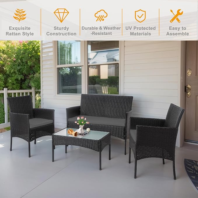 PROHIKER 4 Piece Outdoor Wicker Patio Conversation Furniture Set, Rattan Chair Wicker Sofa Garden Conversation Sets with Cushion and Glass Table for Yard Pool or Backyard, Black/Gray